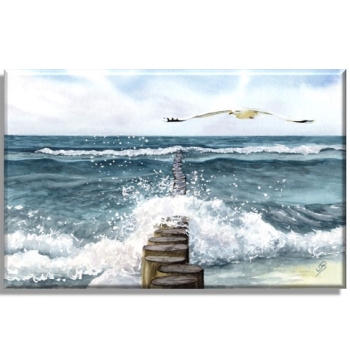 Leinwand 40 x 30 cm Keilrahmen Canvas-Leinen  Wellenbrecher Aquarell Maritim Kunst Druck Dänemark Nordsee Ostsee Düne Dünen Meer Möwe Möwen Strand